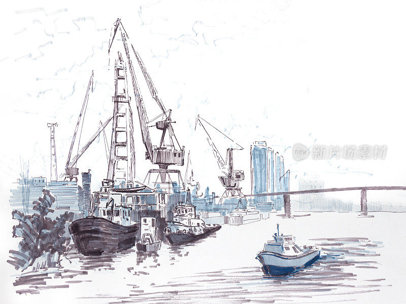 彩色毡尖笔在白纸上绘制。"码头上的门式起重机和船只"